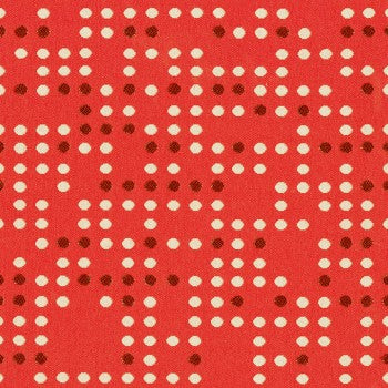 Culp Punch Card Red Contract Fabric: Red fabric with white and dark red polka dots, ideal for upholstery.