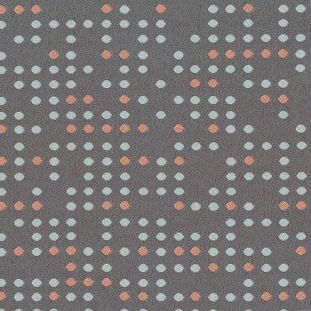 Culp Punch Card Shale Contract Fabric: Durable gray upholstery fabric with a subtle dotted pattern in coral and light blue.