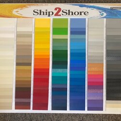 Ship2Shore sample board showcasing diverse marine-grade vinyl colors & textures for boat upholstery.