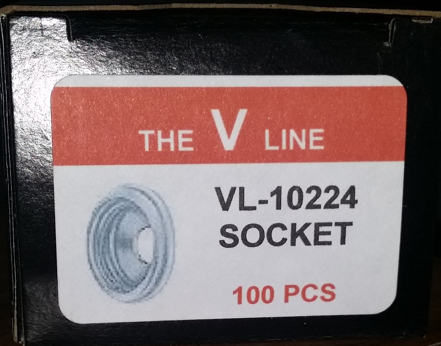 Product box label showing snap sockets; 100 pieces.