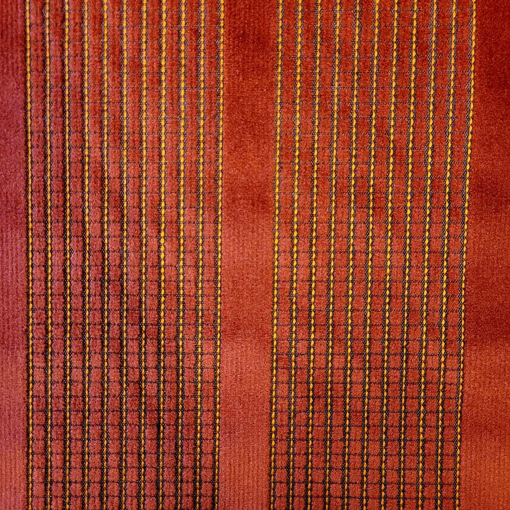 Detroit #6435 Cavalier Red upholstery fabric: rich red with gold and brown stitching detail.