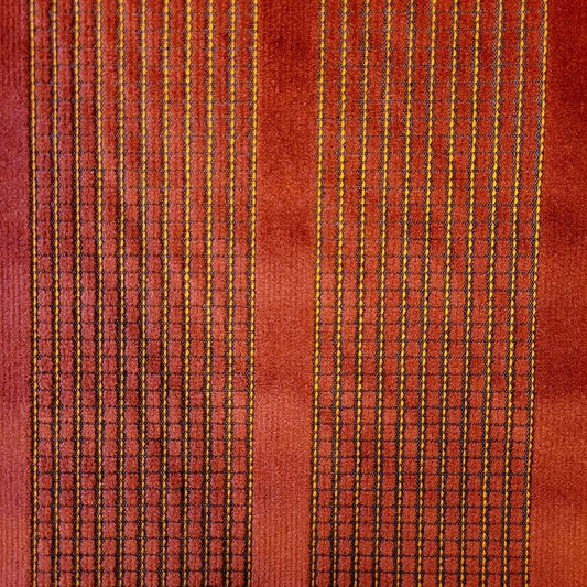Detroit #6435 Cavalier Red upholstery fabric: rich red with gold and brown stitching detail.