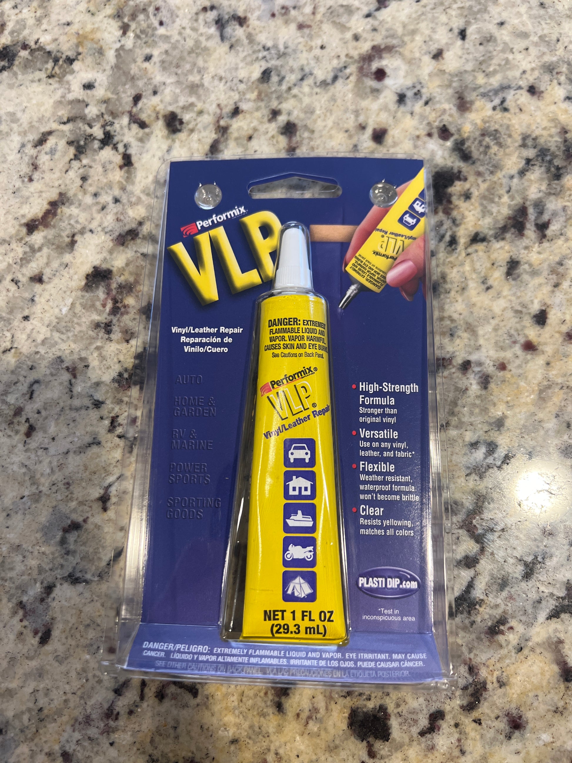 Performix VLP Liquid Vinyl Repair: 1 fl oz tube, high-strength formula for auto, home, marine, & sports use; clear, flexible, weather-resistant.
