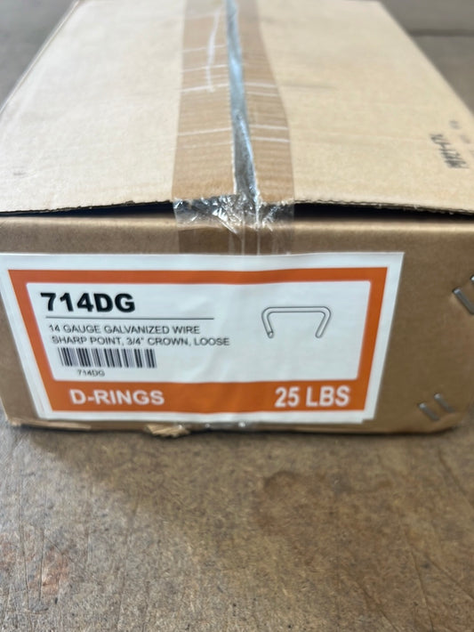25 lb box of 14 gauge galvanized wire D-rings; 3/4" crown, sharp point, loose.
