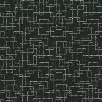 Culp Contract Raven fabric: sophisticated black textile with an intricate, light gray geometric pattern.
